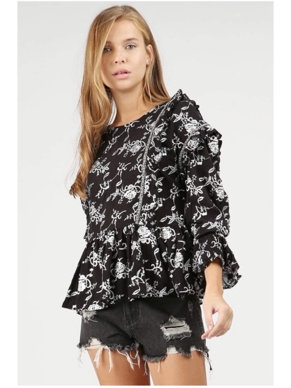 POL Black Floral Embroidered Ruffle-Long Sleeve Peplum Top, Small, NWOT
